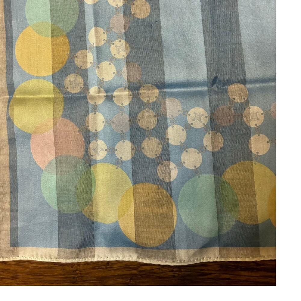 Celine Paris Cotton Handkerchief Scarf Blue Striped Pastel Circles 20” Square - Picture 5 of 6